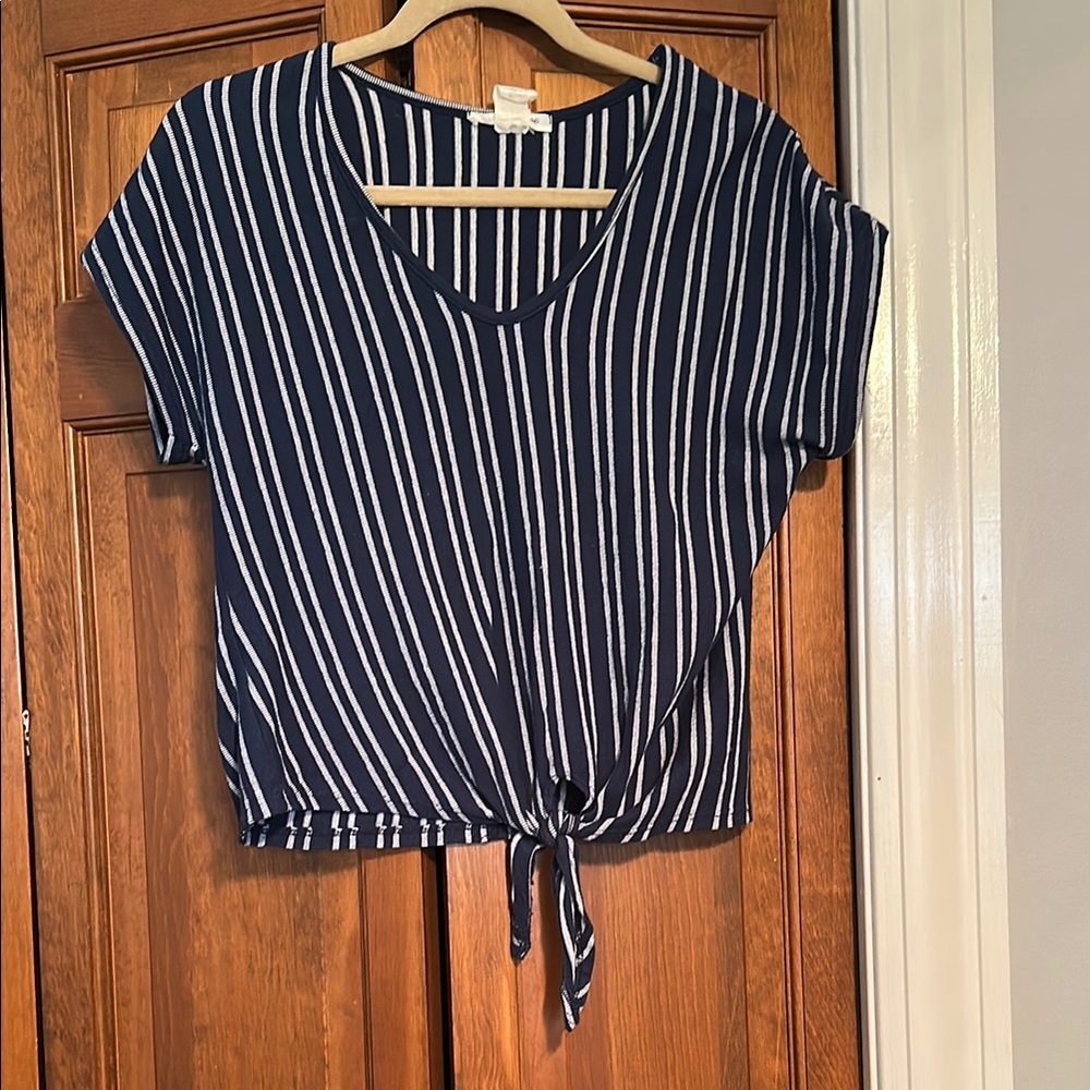 Caution To The Wind Blue and White Crop Tie Front Blouse